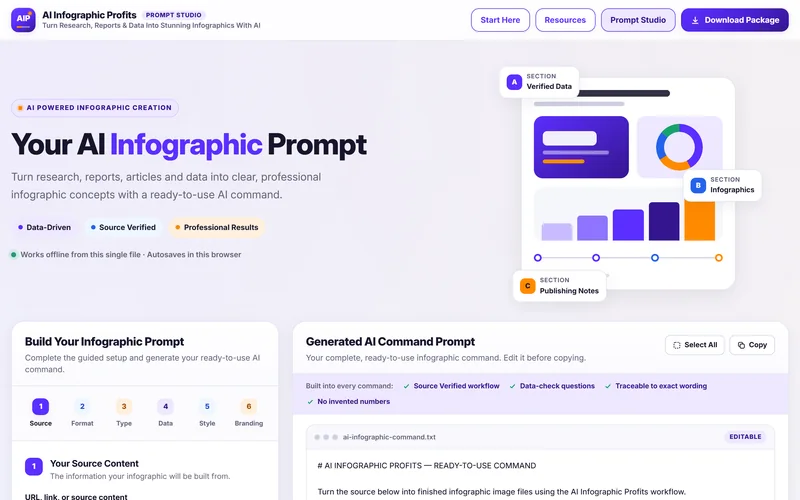AI Infographic Profits Prompt Studio: guided setup on the left and the generated AI command on the right